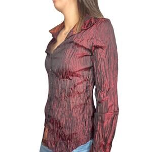 Cino Crinkle Button-Up Shirt Women’s Large Dark Reddish Maroon 100% Polyester